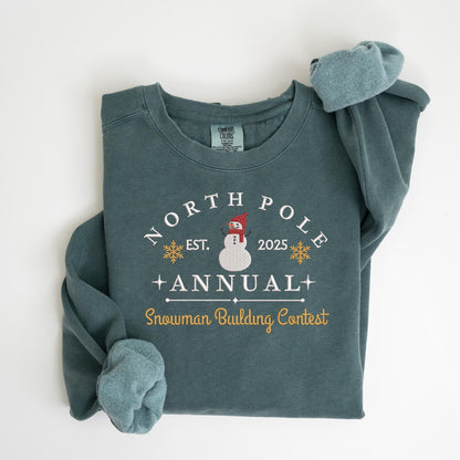 Embroidered Snowman Sweatshirt: Pigment-Dyed North Pole Contest Pullover