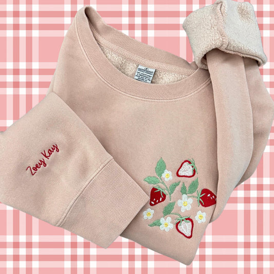 Embroidered Strawberry Field Sweatshirt: Pigment Dyed Crewneck Pullover