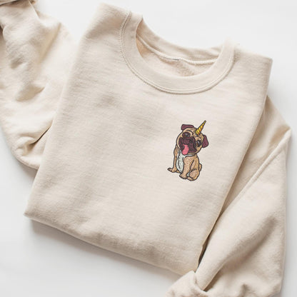 Embroidered Unicorn Pug Crewneck Sweatshirt: Unipug Sweatshirt or Hoodie