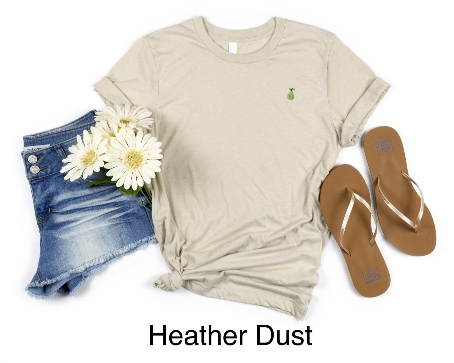 Embroidered Unisex Pear T-Shirt: Stitched Minimalist Mini Fruit Tee