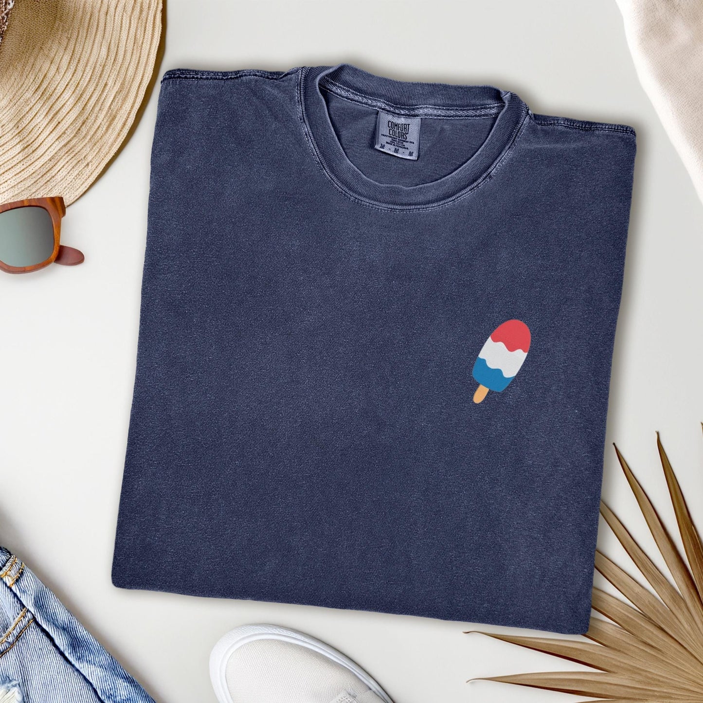 Embroidered Popsicle 4th of July T-Shirt: Pigment Dyed Patriotic Tee