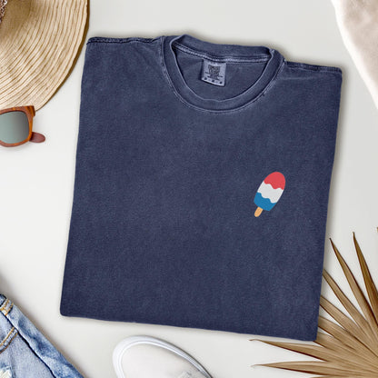 Embroidered Popsicle 4th of July T-Shirt: Pigment Dyed Patriotic Tee