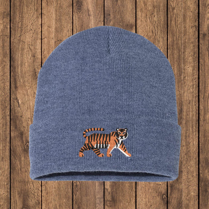 Embroidered Tiger Beanie: Jungle Cat Knit Hat