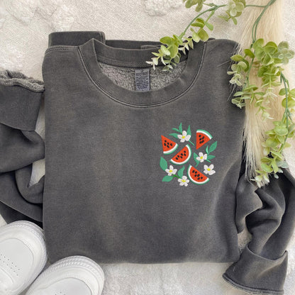 Embroidered Floral Watermelon Sweatshirt: Pigment-Dyed Floral Crewneck