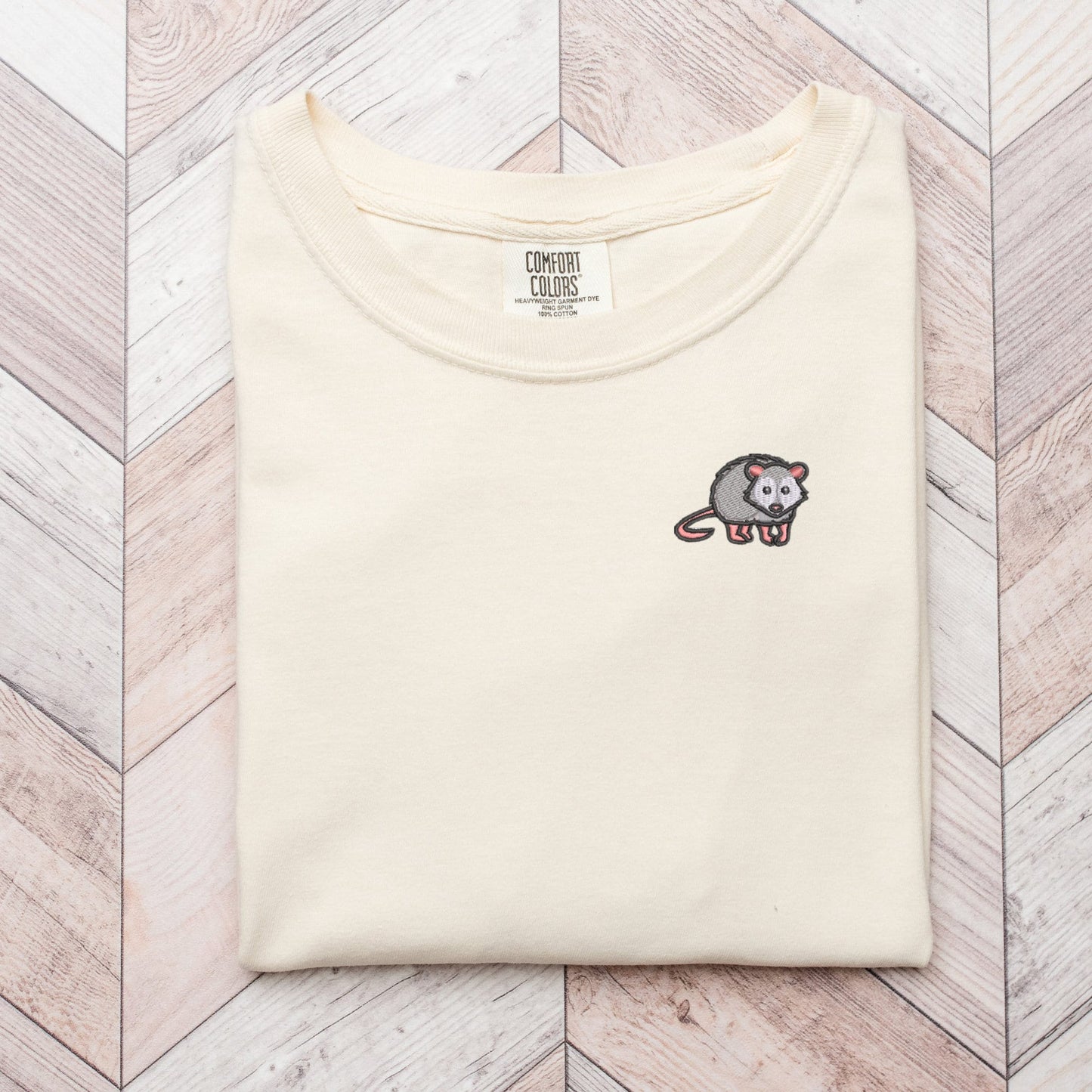 Embroidered Opossum Pigment Dyed T-shirt: Unisex Woodland Animal Tee