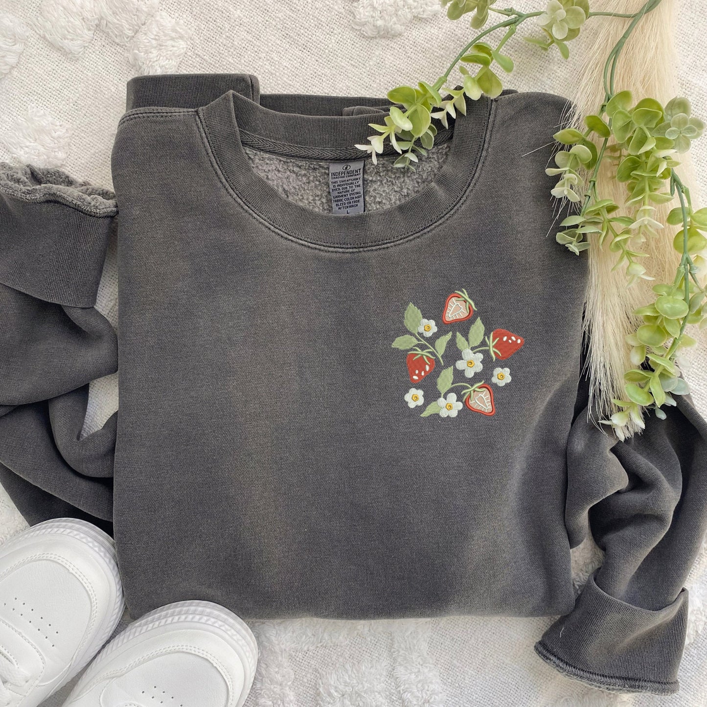 Embroidered Strawberry Field Sweatshirt: Pigment Dyed Crewneck Pullover