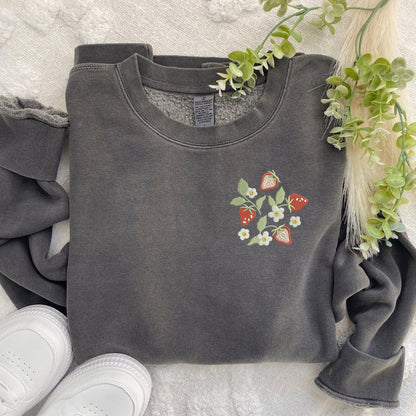 Embroidered Strawberry Field Sweatshirt: Pigment Dyed Crewneck Pullover