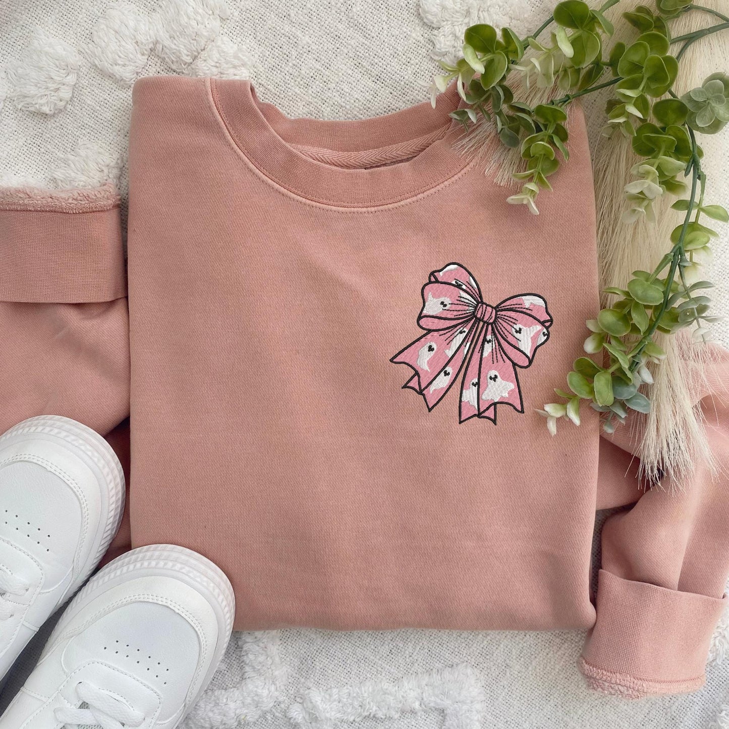 Embroidered Coquette Ghost Halloween Bow Sweatshirt: Pigment Dyed