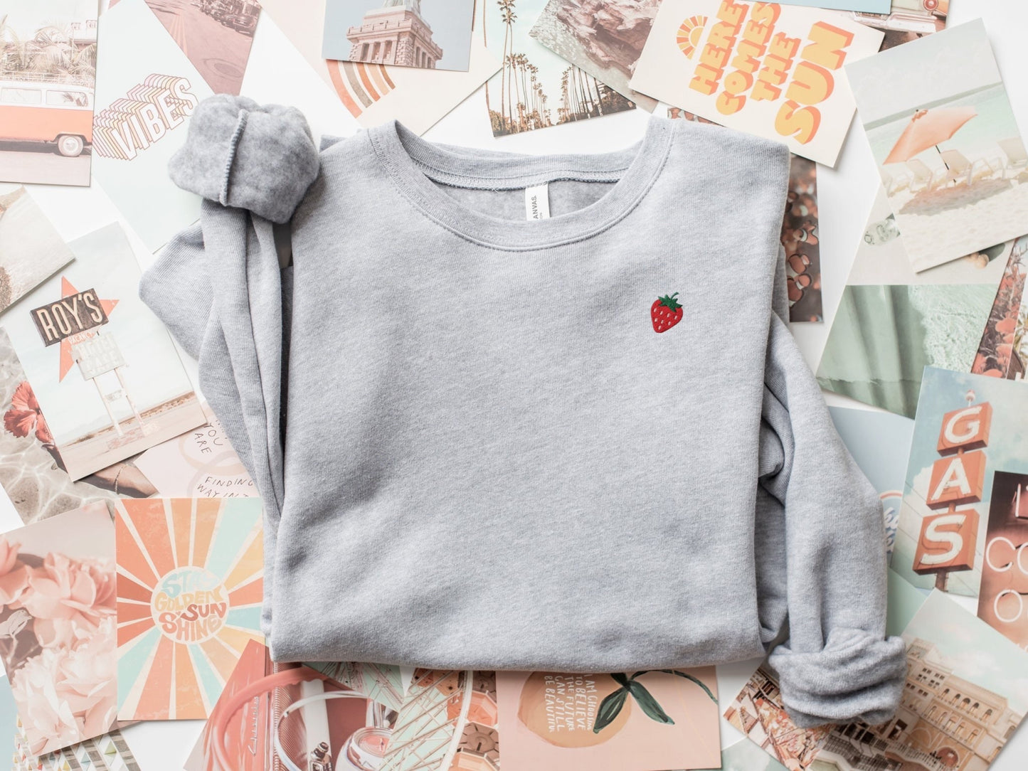 Embroidered Mini Strawberry Crewneck Sponge Fleece Sweatshirt: Minimalist Fruit Pullover