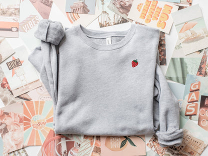 Embroidered Mini Strawberry Crewneck Sponge Fleece Sweatshirt: Minimalist Fruit Pullover