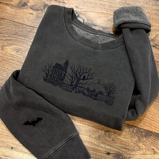 Embroidered Haunted House Crewneck Sweatshirt: Pigment-Dyed Spooky Mansion Pullover