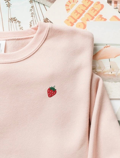 Embroidered Mini Strawberry Crewneck Sponge Fleece Sweatshirt: Minimalist Fruit Pullover