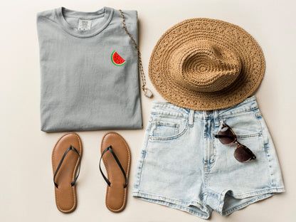 Embroidered Minimalist Watermelon T-shirt: Garment Dyed Fruit Tee