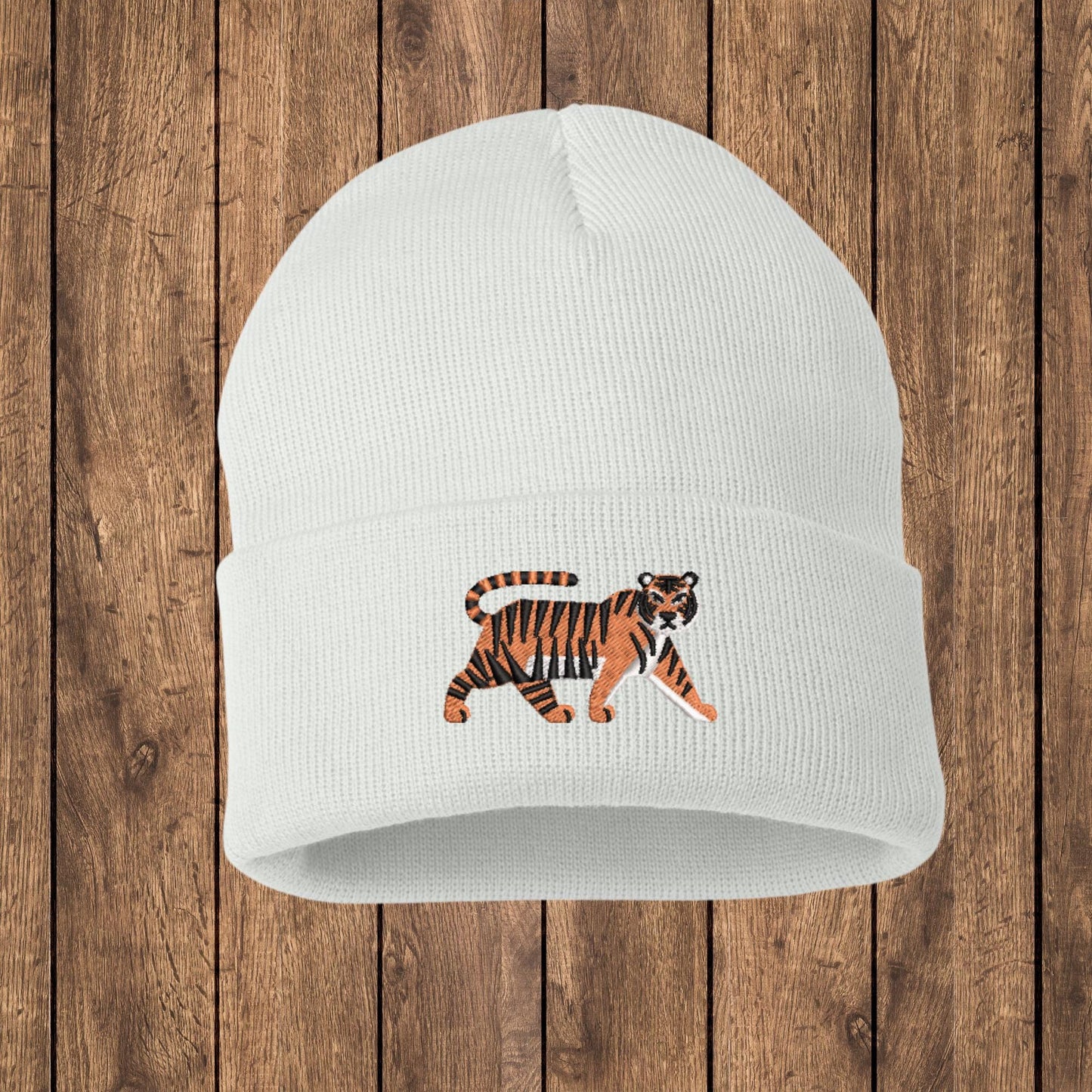 Embroidered Tiger Beanie: Jungle Cat Knit Hat