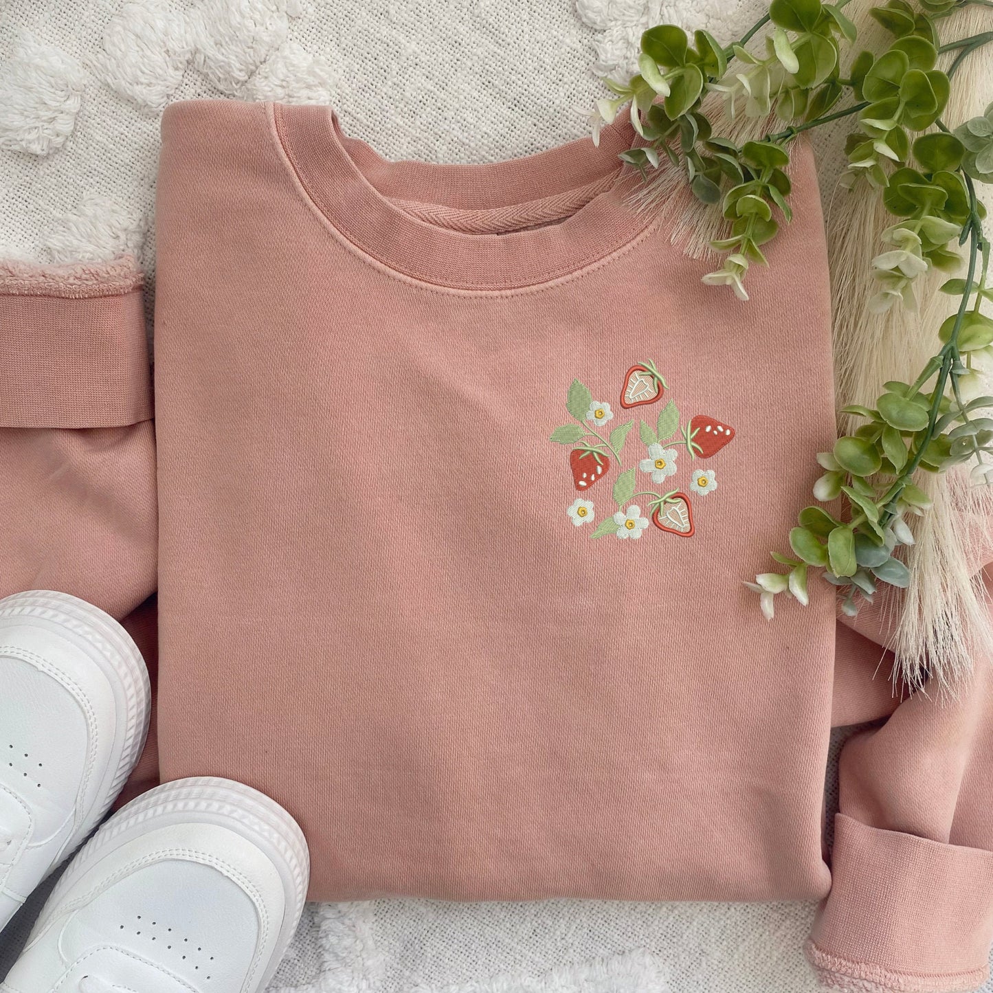 Embroidered Strawberry Field Sweatshirt: Pigment Dyed Crewneck Pullover