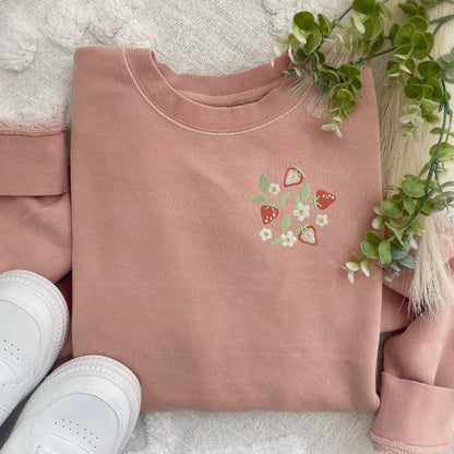Embroidered Strawberry Field Sweatshirt: Pigment Dyed Crewneck Pullover