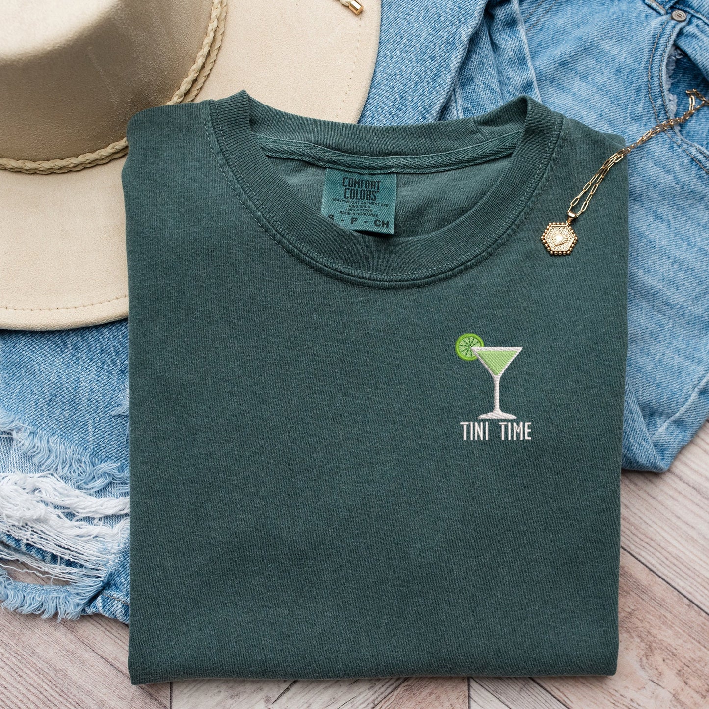 Embroidered Martini Shirt: Funny "Tini Time" Cocktail Tee