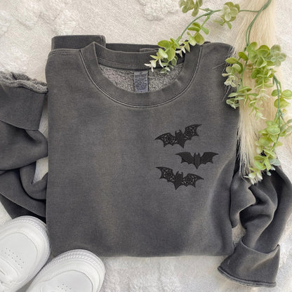 Embroidered Bat Sweatshirt: Lacey Goth Crewneck, Pigment-Dyed Cotton Blend