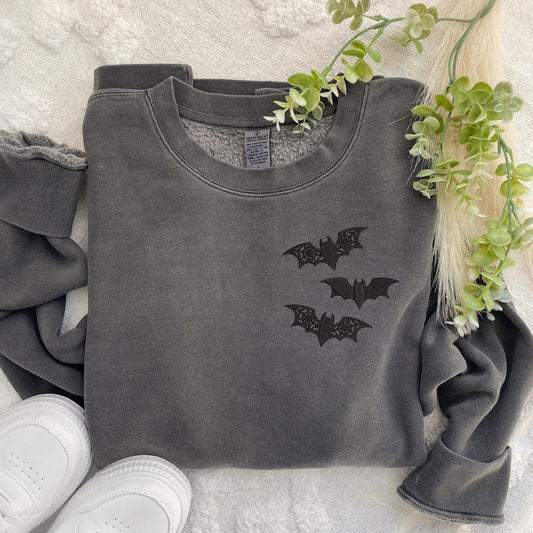 Embroidered Bat Sweatshirt: Lacey Goth Crewneck, Pigment-Dyed Cotton Blend