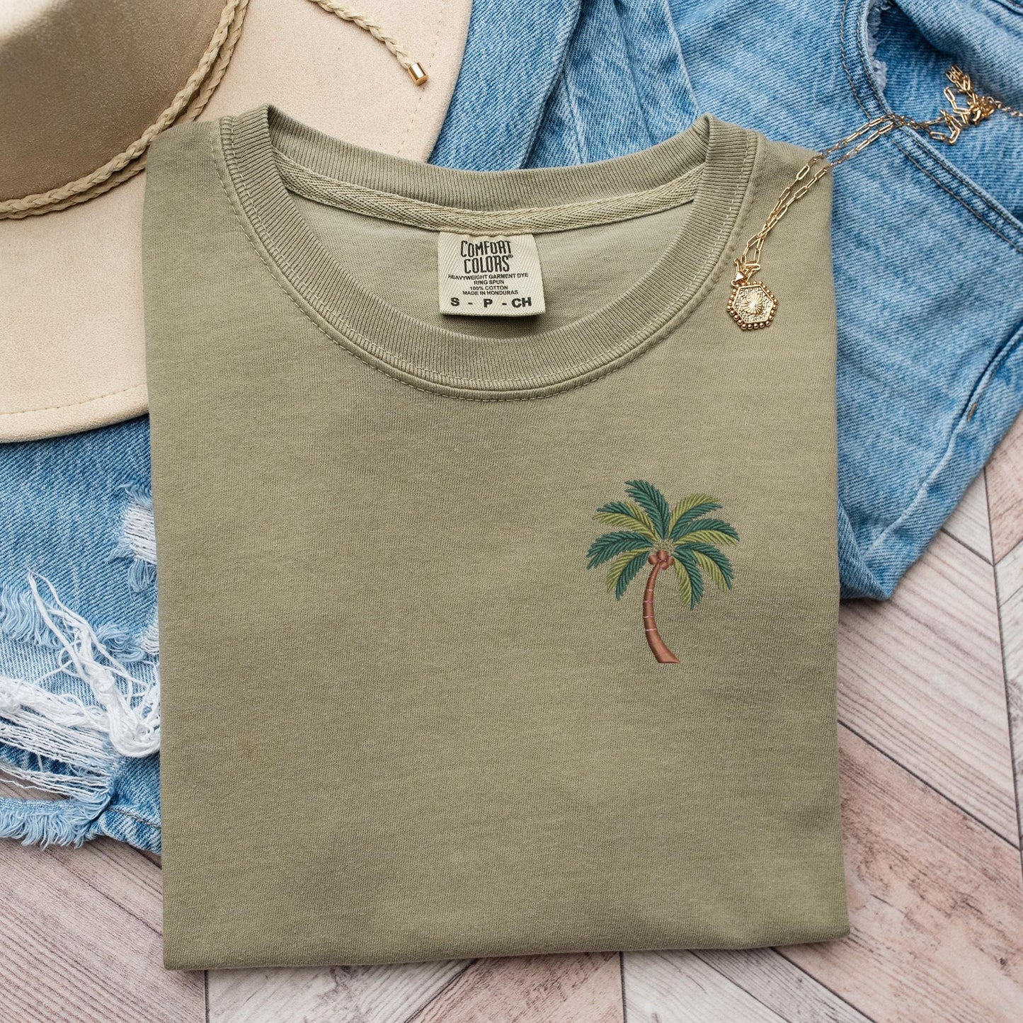 Embroidered Palm Tree T-Shirt: Pigment-Dyed Coastal Tee