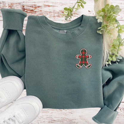 Embroidered Plaid Gingerbread Cookie Pigment Dyed Crewneck Sweatshirt