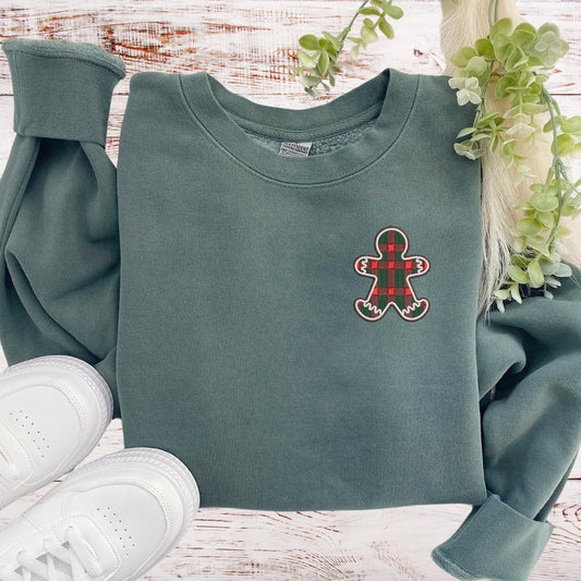 Embroidered Plaid Gingerbread Cookie Pigment Dyed Crewneck Sweatshirt