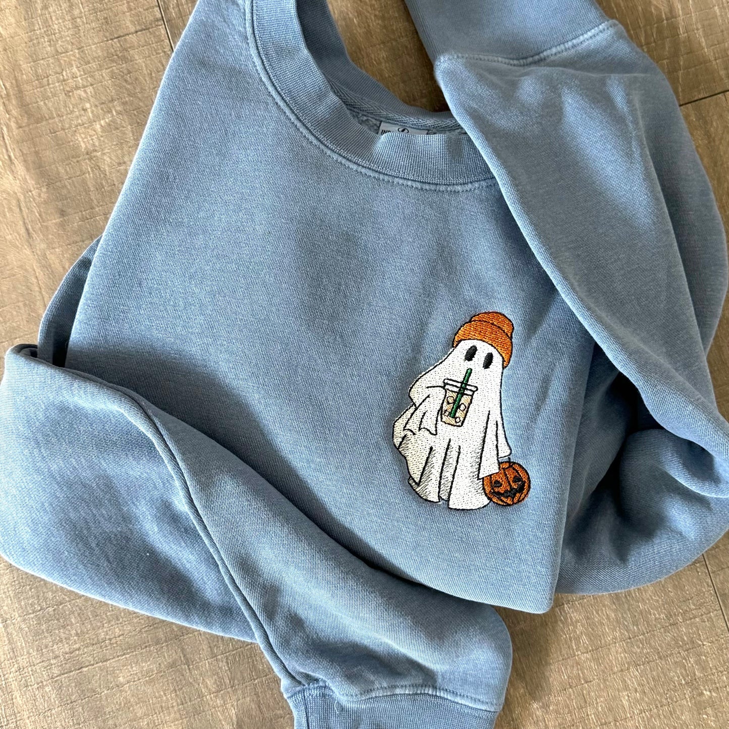 Embroidered Coffee Drinking Ghost Sweatshirt: Pigment-Dyed Halloween Pullover