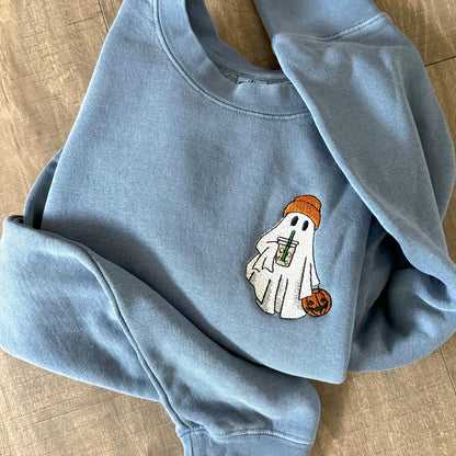 Embroidered Coffee Drinking Ghost Sweatshirt: Pigment-Dyed Halloween Pullover