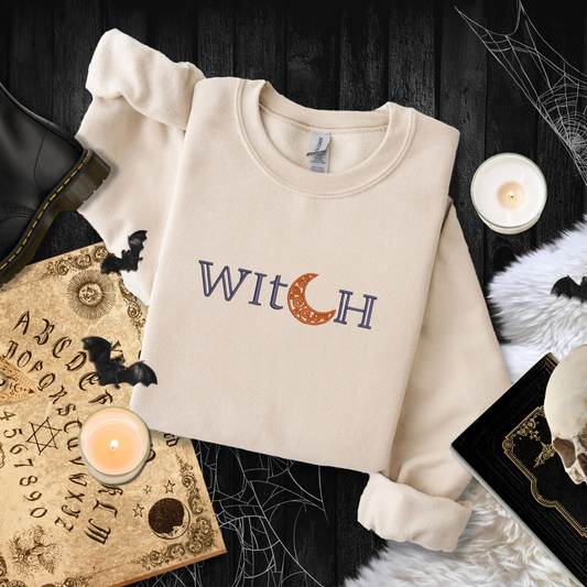 Embroidered Witch Sweatshirt: Crescent Moon Halloween Pullover