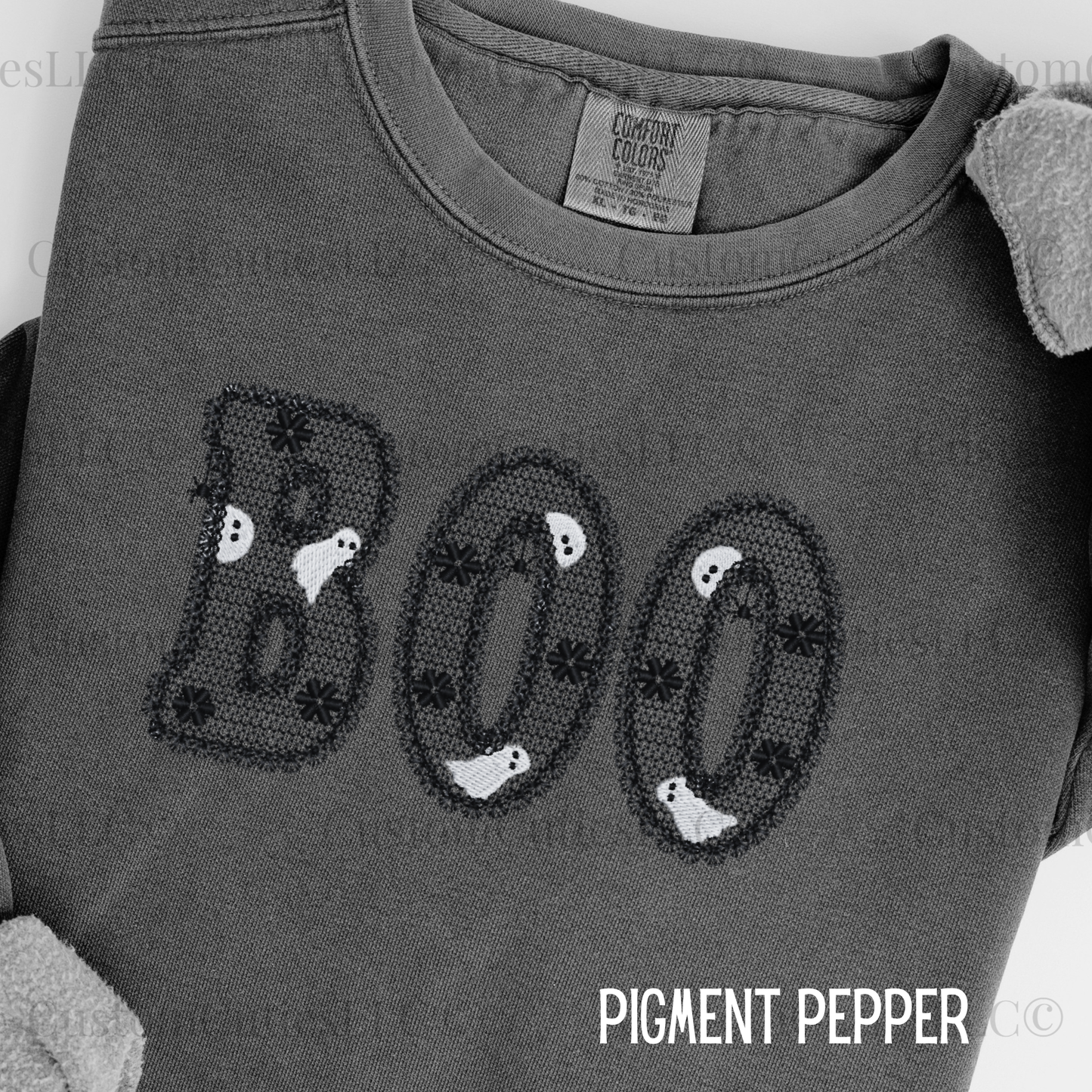 Embroidered Lacey Boo Crewneck Sweatshirt: Pigment Dyed Halloween Coquette Sweater