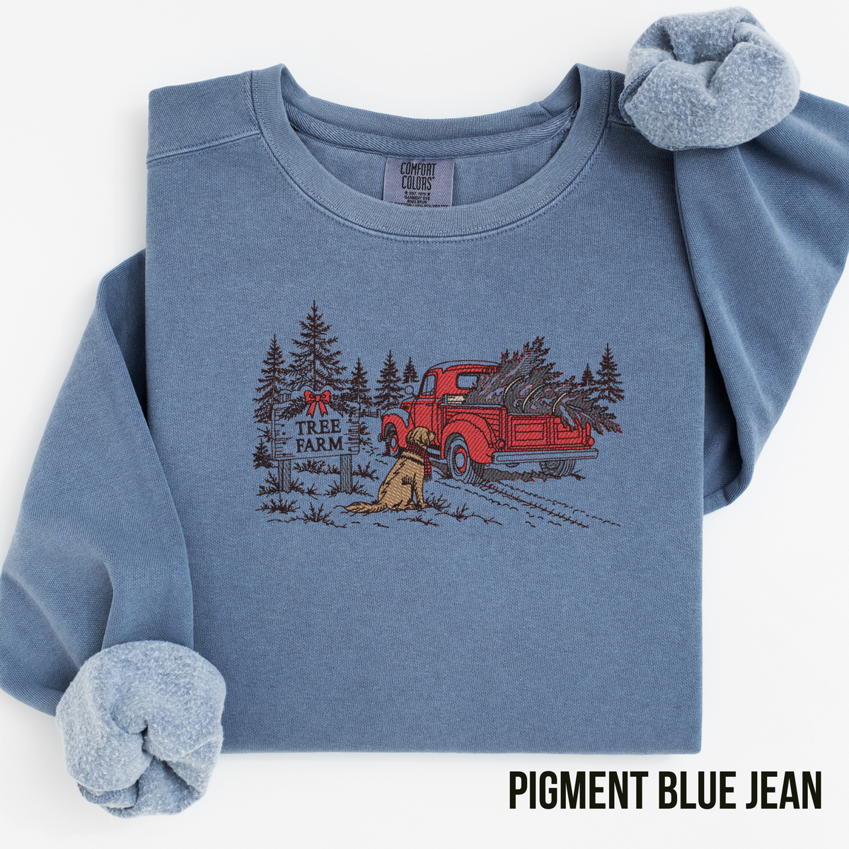 Embroidered Christmas Tree Farm Line Art Crewneck Sweatshirt: Pigment Dyed Comfort Colors
