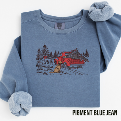 Embroidered Christmas Tree Farm Line Art Crewneck Sweatshirt: Pigment Dyed Comfort Colors