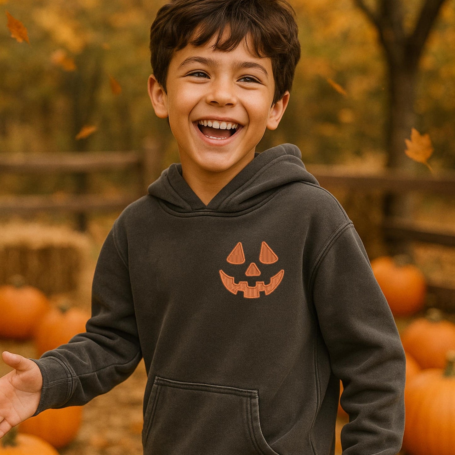 Youth Unisex Embroidered Jack O' Lantern Face Hoodie: Pigment Dyed Halloween Pullover