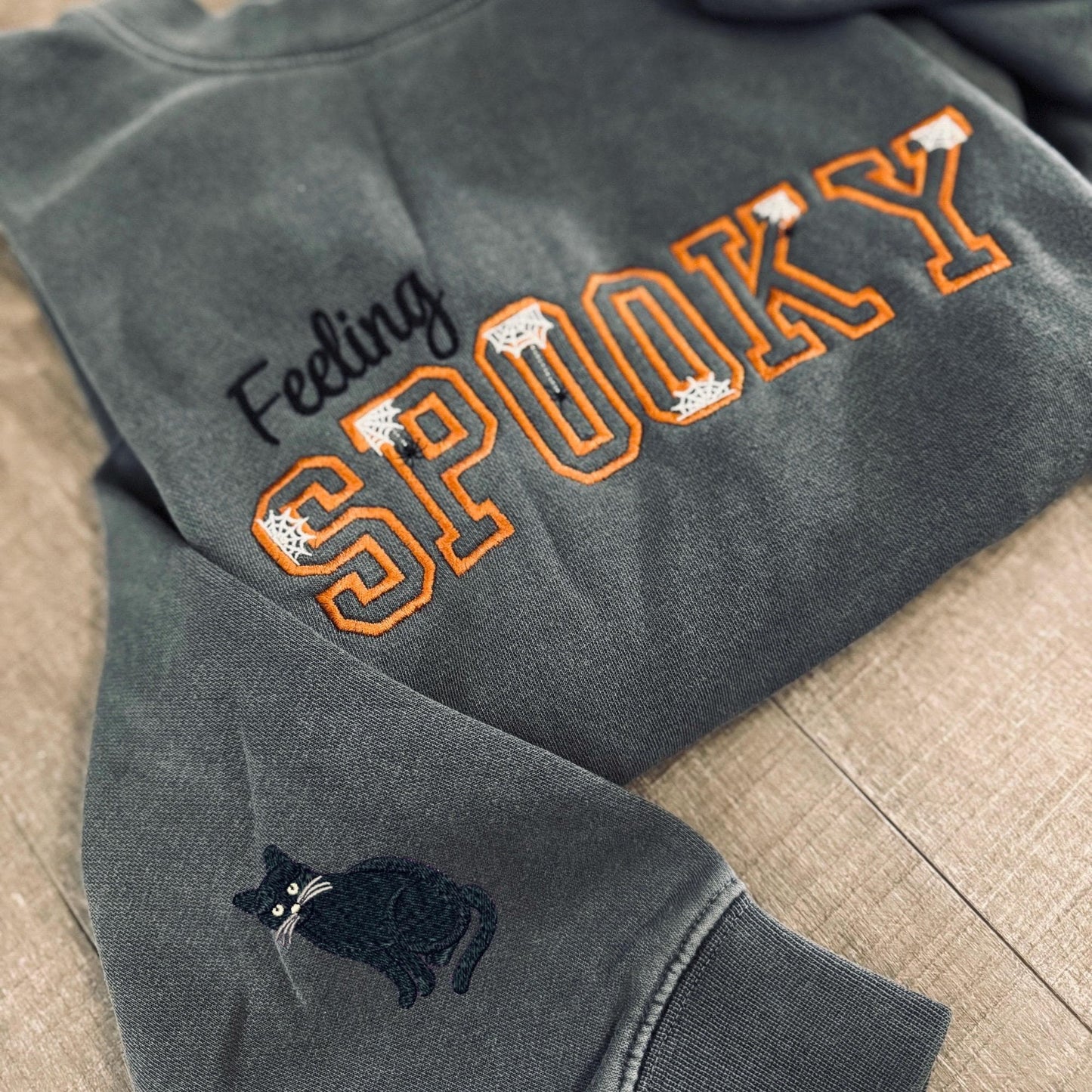 Embroidered Feeling Spooky Pigment Dyed Halloween Crewneck Sweatshirt: Choose Cat or Ghost Sleeve Design
