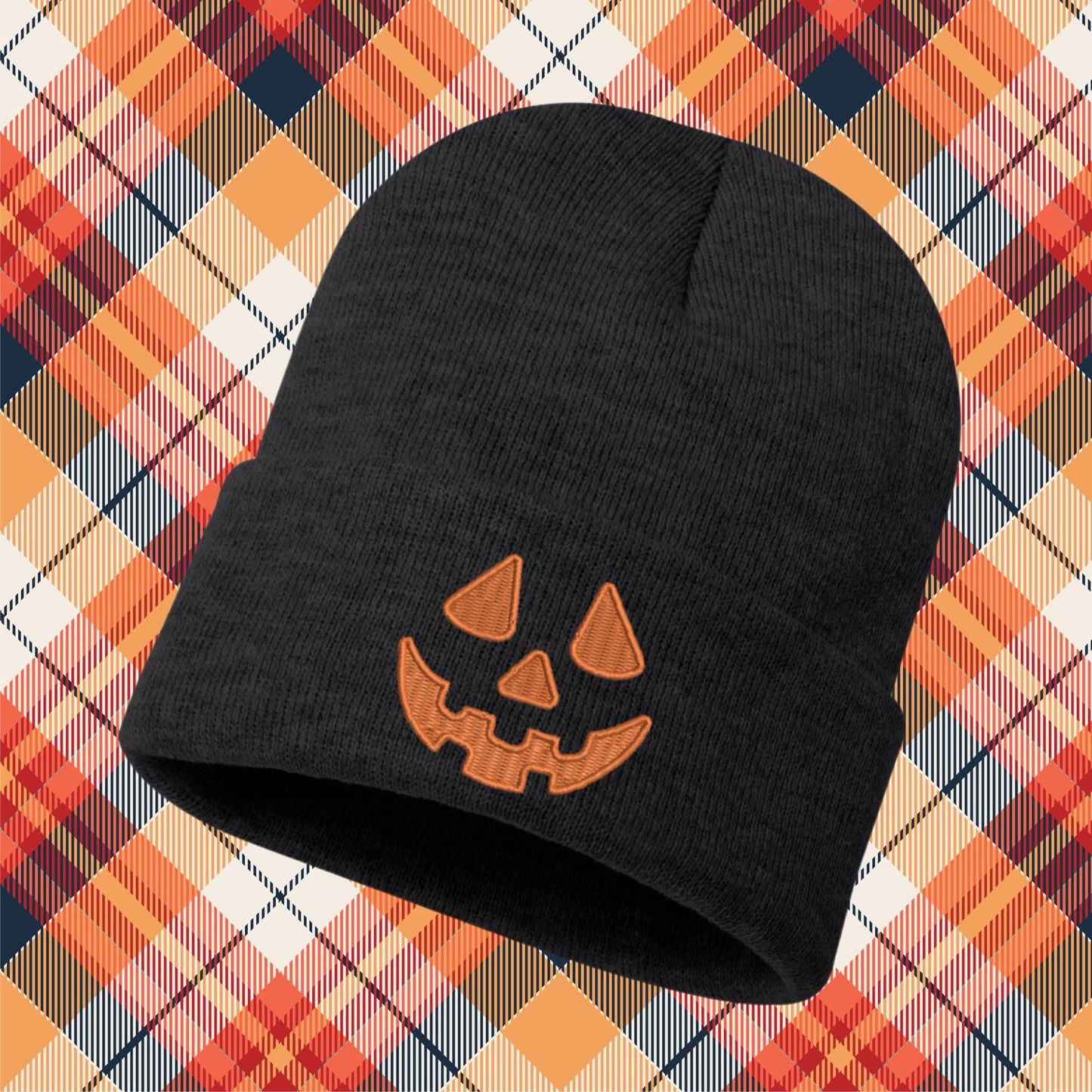 Embroidered Pumpkin Face Beanie: Knit Halloween Jack O Lantern Skull Cap