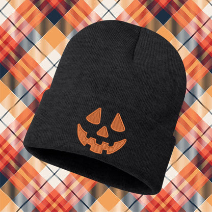 Embroidered Pumpkin Face Beanie: Knit Halloween Jack O Lantern Skull Cap