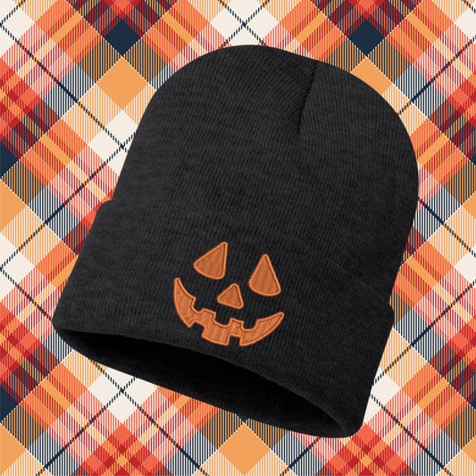 Embroidered Pumpkin Face Beanie: Knit Halloween Jack O Lantern Skull Cap
