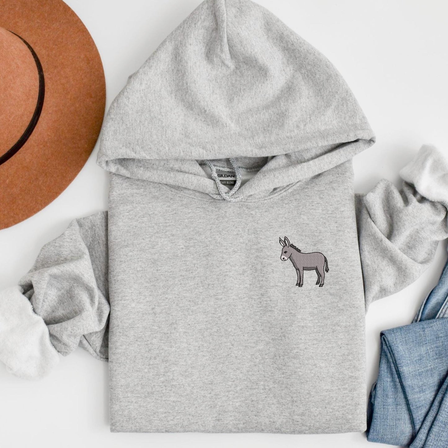 Embroidered Donkey Hoodie: Farm Animal Pullover with Optional Footprints