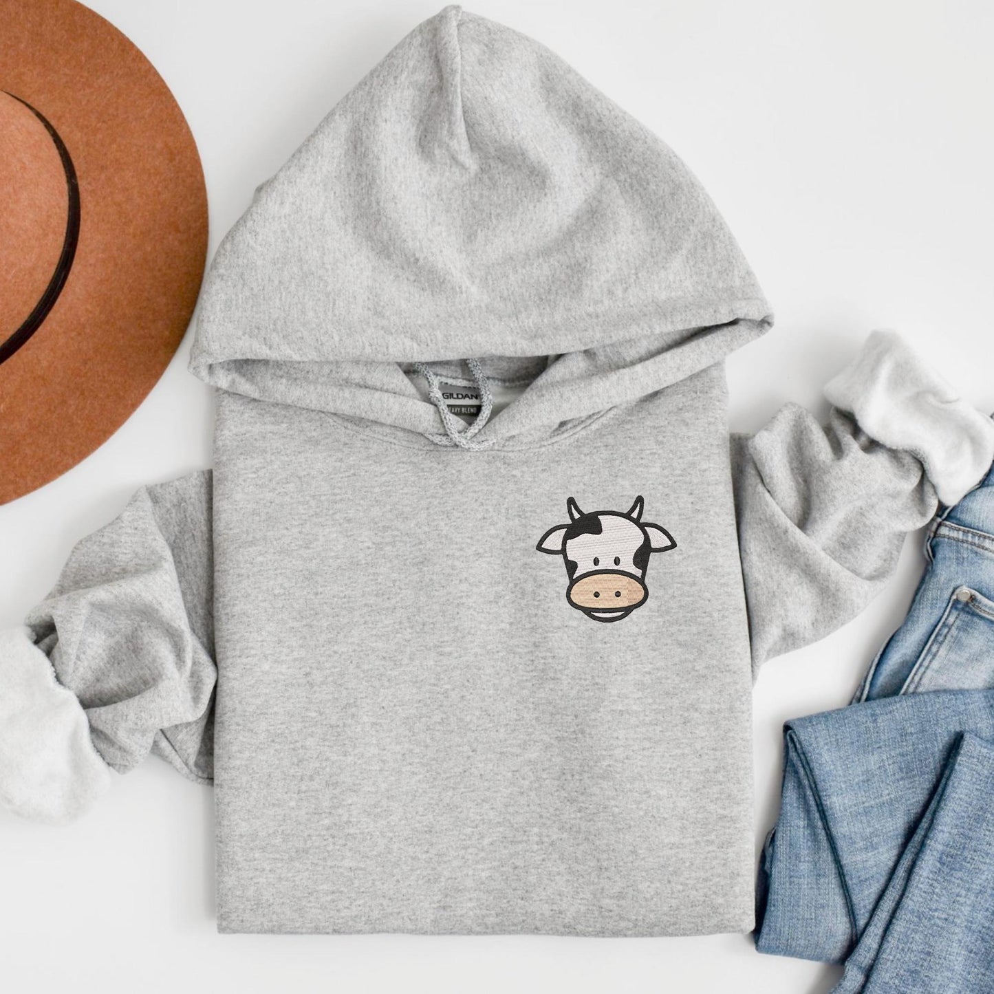 Embroidered Cow Hoodie: Farm Animal Pullover with Optional Hoof Prints