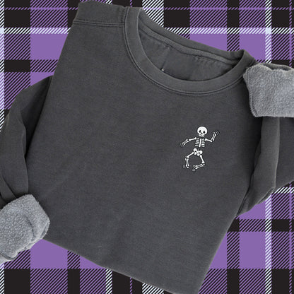 Embroidered Dancing Skeleton Sweatshirt: Pigment Dyed Halloween Pullover