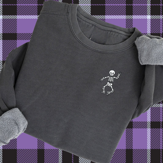 Embroidered Dancing Skeleton Sweatshirt: Pigment Dyed Halloween Pullover