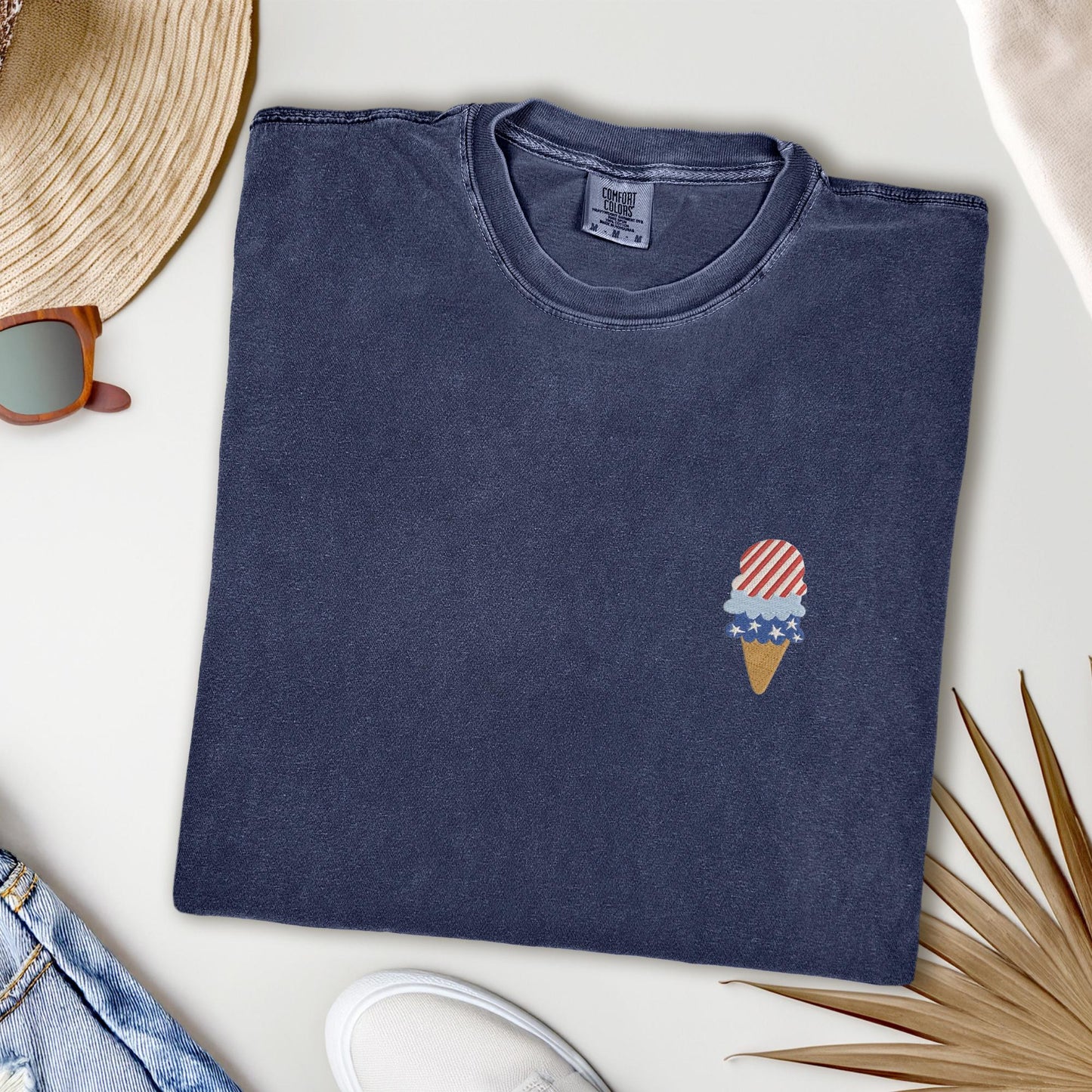 Embroidered 4th of July T-shirt: Red, White, and Blue Ice Cream Cone