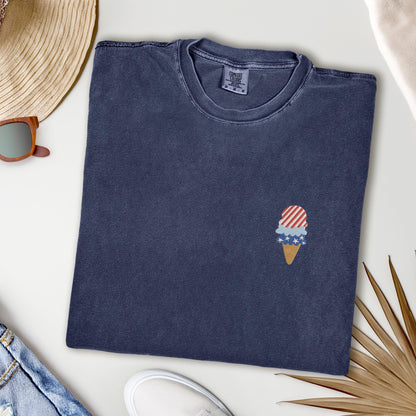 Embroidered 4th of July T-shirt: Red, White, and Blue Ice Cream Cone