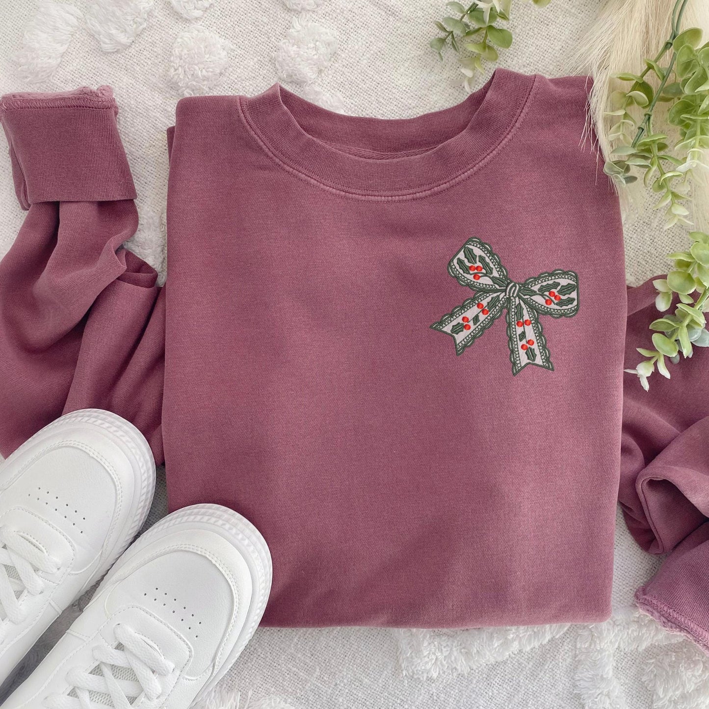 Embroidered Lacy Holly and Berries Bow Pigment Dyed Crewneck Sweatshirt