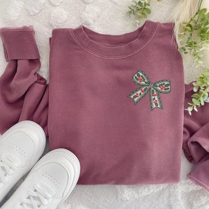 Embroidered Lacy Holly and Berries Bow Pigment Dyed Crewneck Sweatshirt