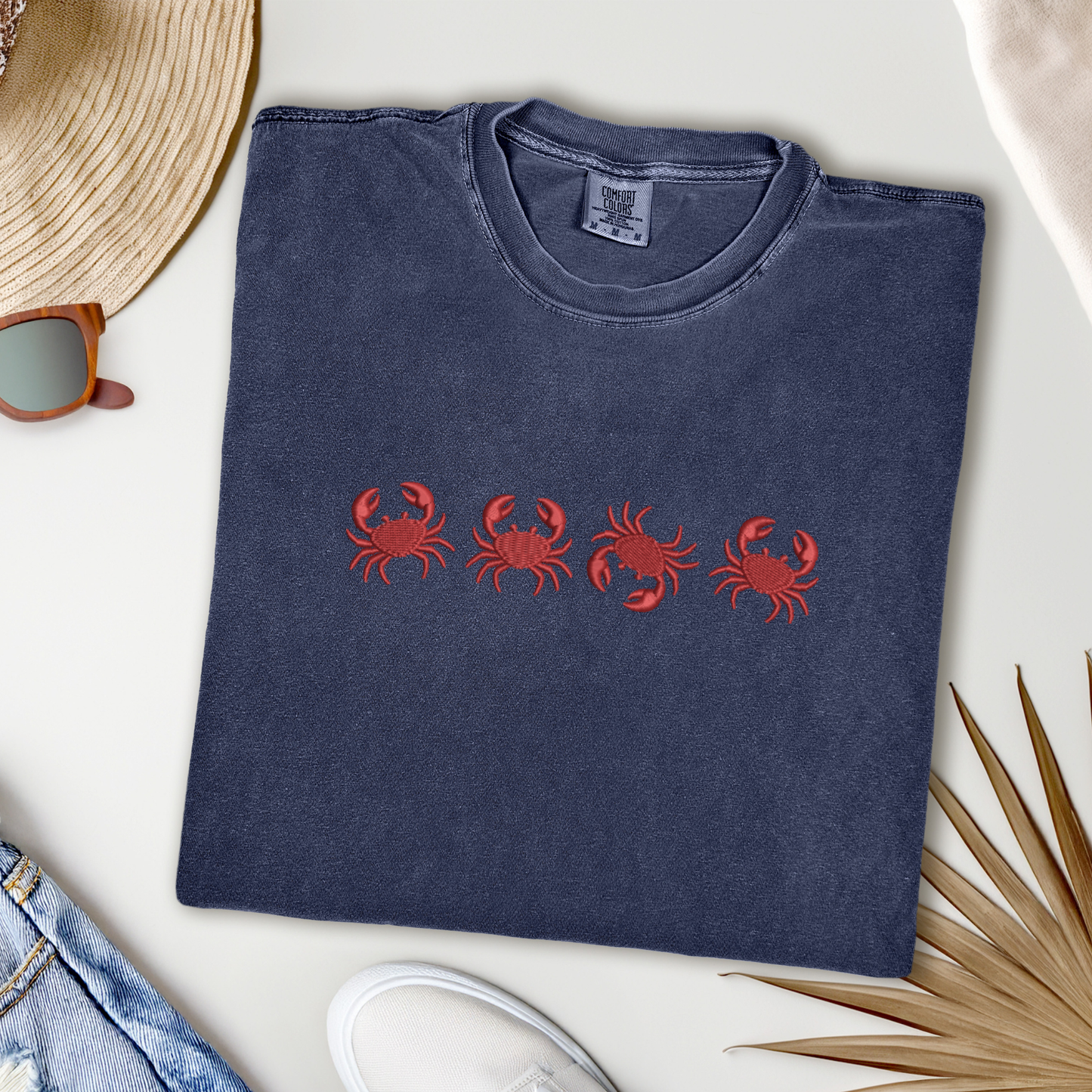 Embroidered Red Crab Pigment Dyed T-Shirt: Coastal Preppy Summer Tee