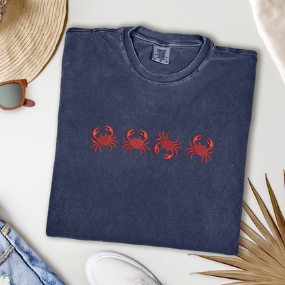 Embroidered Red Crab Pigment Dyed T-Shirt: Coastal Preppy Summer Tee