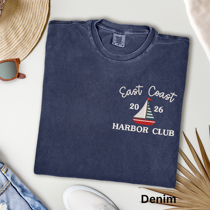 Embroidered East Coast Harbor Club Pigment Dyed T-Shirt: Coastal Preppy Summer Tee