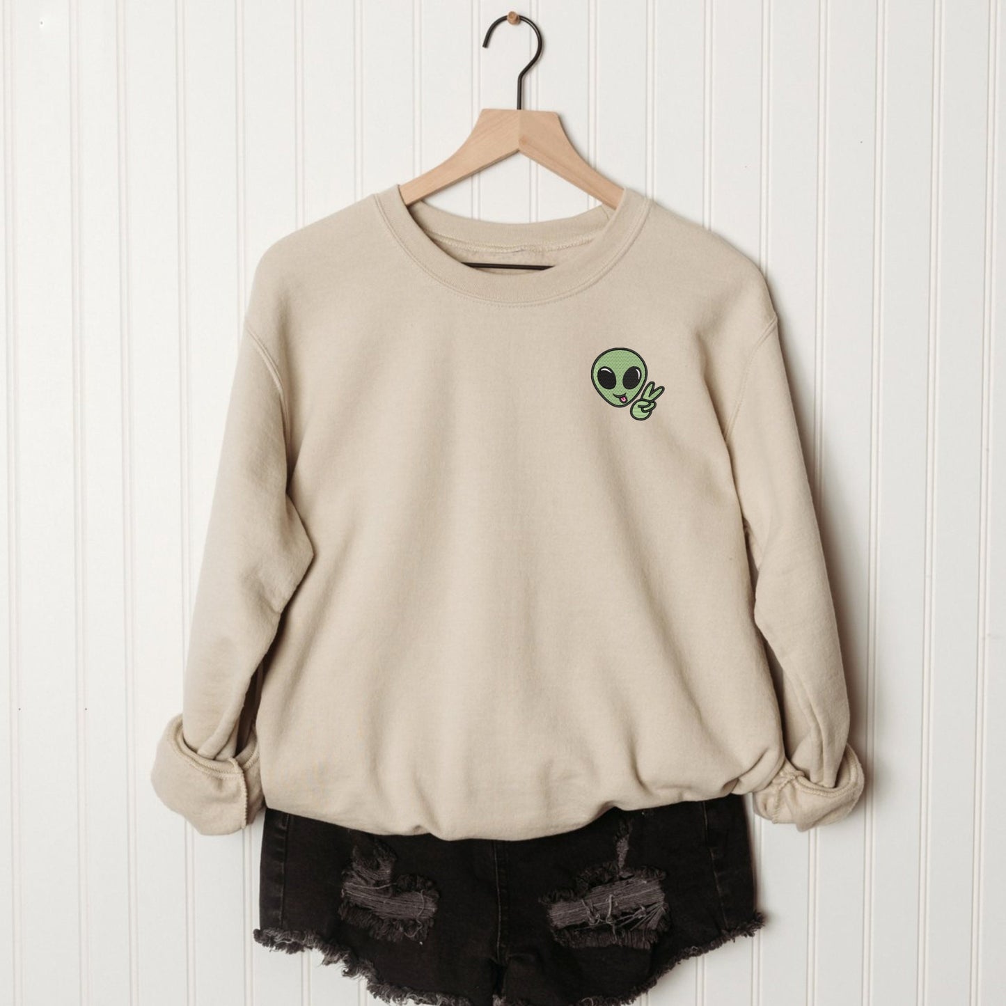 Embroidered Alien Peace Sign Sweatshirt: Cosmic Crewneck Pullover