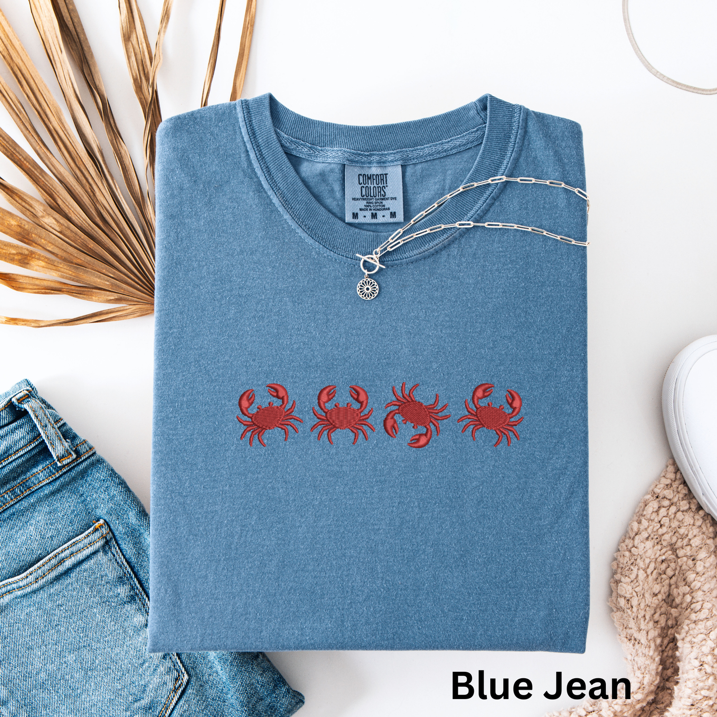 Embroidered Red Crab Pigment Dyed T-Shirt: Coastal Preppy Summer Tee